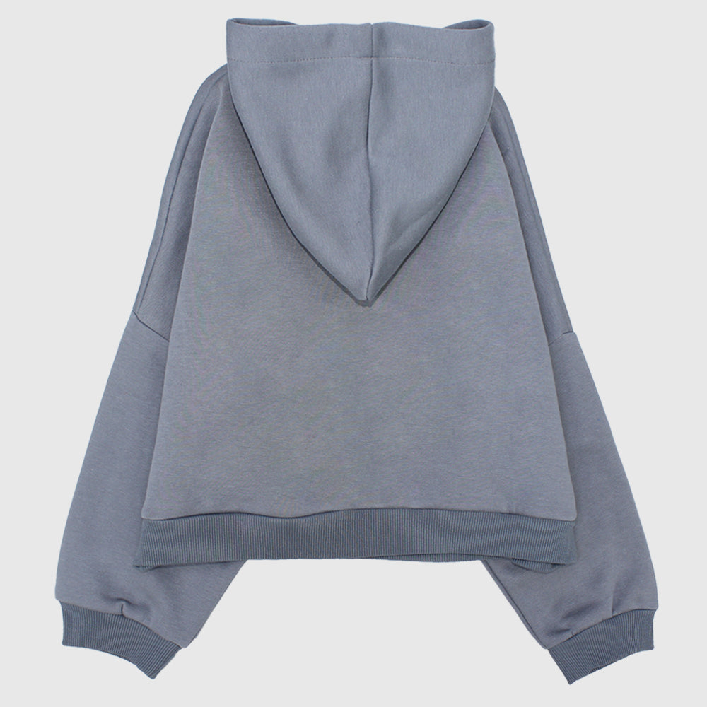 Grey Long-Sleeved Fleeced Cropped Hoodie