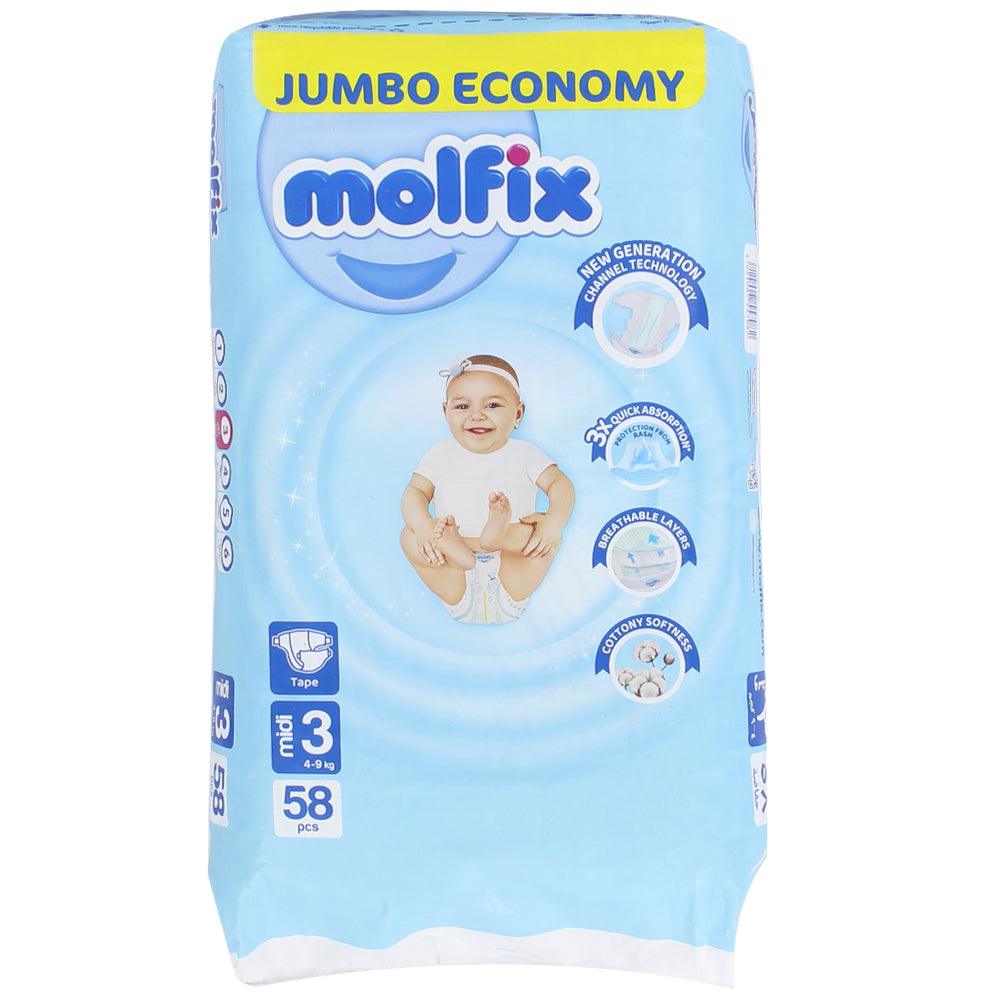 Molfix - Baby Diapers - Jumbo Pack - Midi Size 3 - 58 Pieces - Ourkids - Molfix
